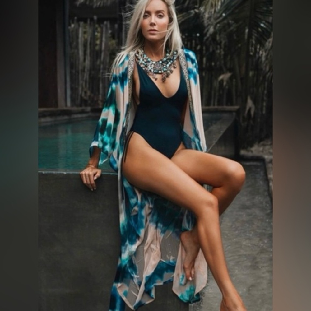 Sumo So Elegant Blue, Green,  Peach Tie-Dye Swim Cover-Up, Greek Inspired OS